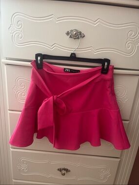 ZARA Bright Hot Pink Tie-Waist Flared Mini Skort